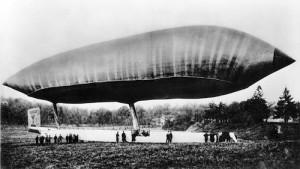 The first fully controllable air dirigible 'La France', designed by Captain Charles Renard and Lieutenant Arthur Krebs, at Chalais-Meudon. (Photo by Hulton Archive/Getty Images)